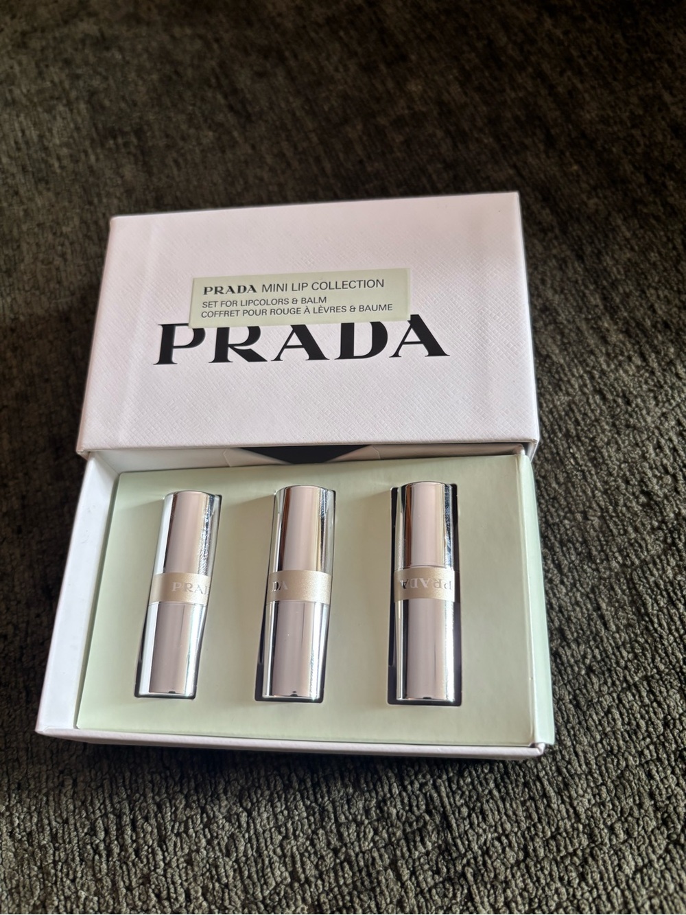 Prada Beauty Mini Lip Collection Set Astral Pink Quartz Mahogany Lipstick & Balm